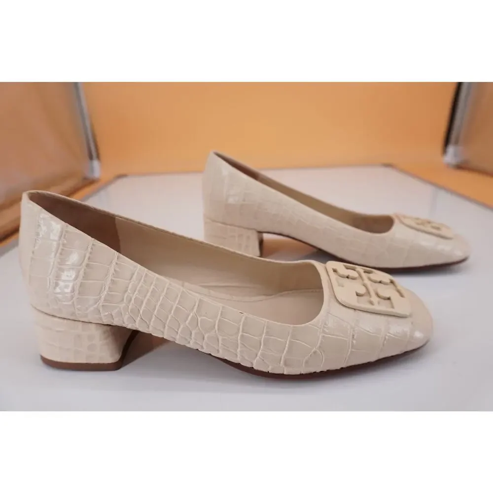 Tory Burch Georgia Square Toe Block Heel Pump SZ 5 New Cream Croc Leather Logo
